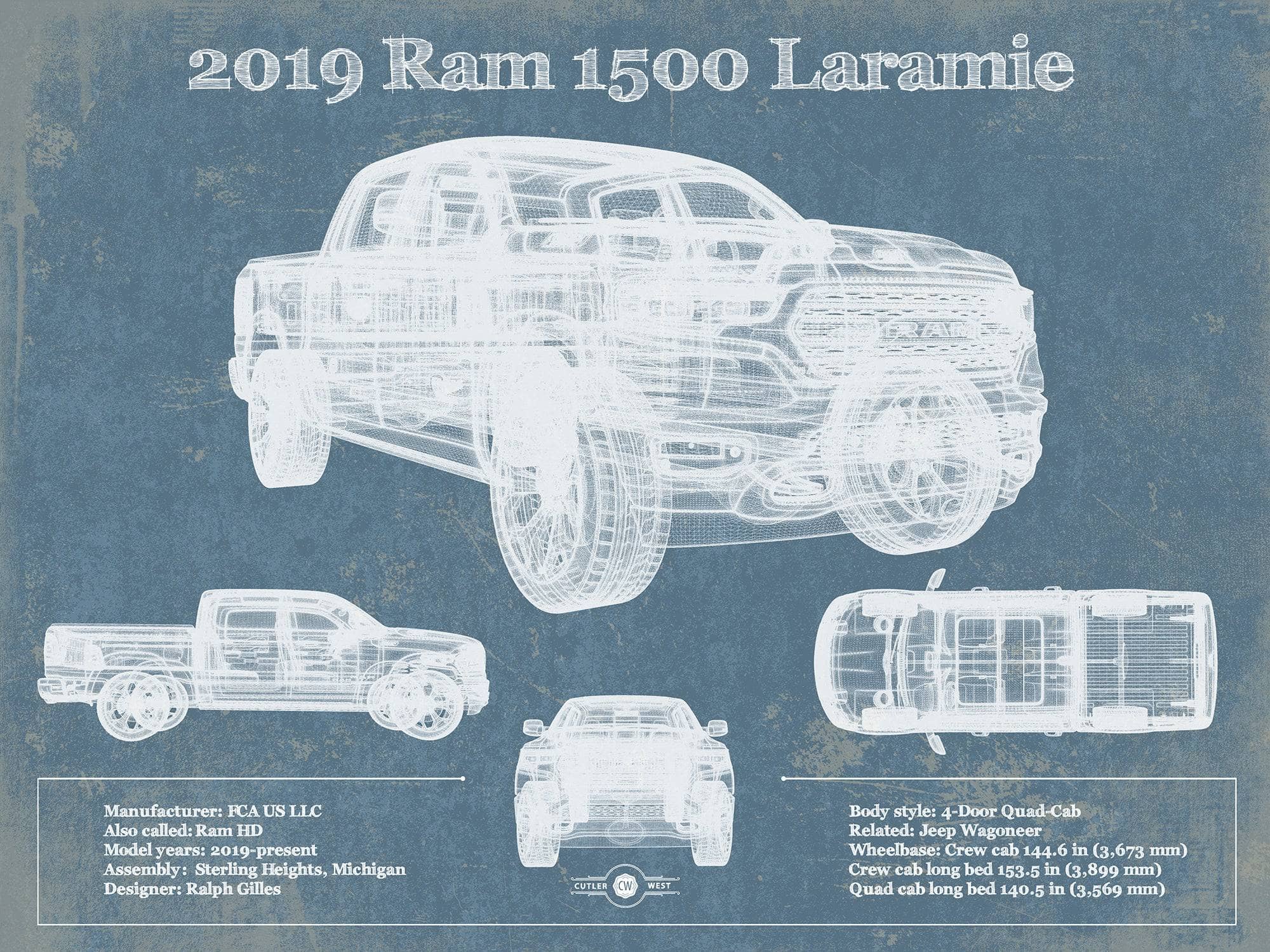 Cutler West Dodge Collection 14" x 11" / Unframed Dodge Ram 1500 Laramie 2019 Vintage Blueprint Auto Print 973182898_58703