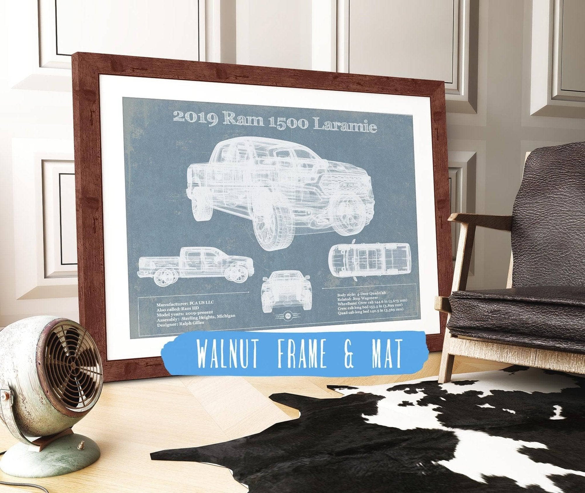 Cutler West Dodge Collection 14" x 11" / Walnut Frame & Mat Dodge Ram 1500 Laramie 2019 Vintage Blueprint Auto Print 973182898_58707