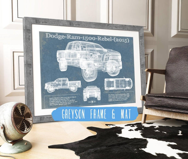 14" x 11" / Greyson Frame & Mat Cutler West Dodge Ram 1500 Rebel (2015) Vintage Blueprint Auto Print