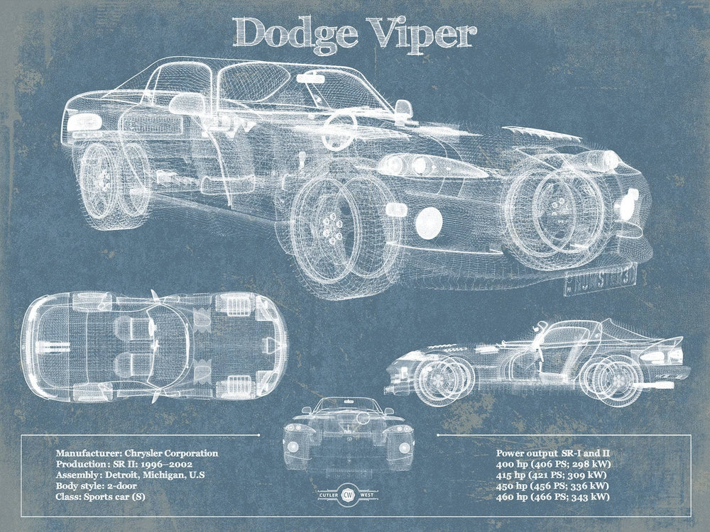 14" x 11" / Stretched Canvas Wrap Cutler West Dodge Viper 1 Vintage Blueprint Auto Print