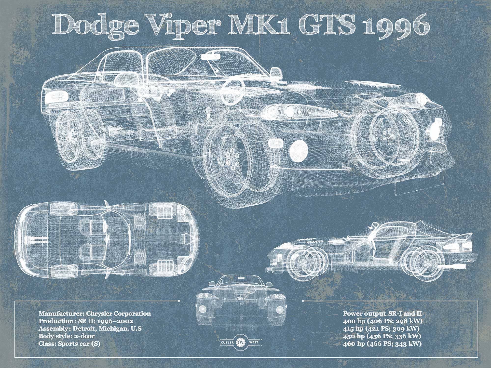 Cutler West Dodge Collection 14" x 11" / Unframed Dodge Viper MK1 GTS 1996 Blueprint Vintage Auto Print 833110108