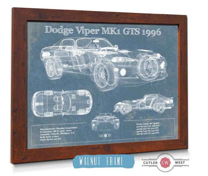 Cutler West Dodge Collection 14" x 11" / Walnut Frame Dodge Viper MK1 GTS 1996 Blueprint Vintage Auto Print 833110108