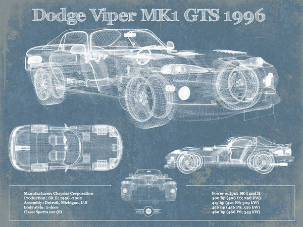 14" x 11" / Unframed Cutler West Dodge Viper MK1 GTS 1996 Blueprint Vintage Auto Print
