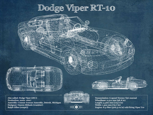 14" x 11" / Unframed Cutler West Dodge Viper RT-10 Blueprint Vintage Auto Print