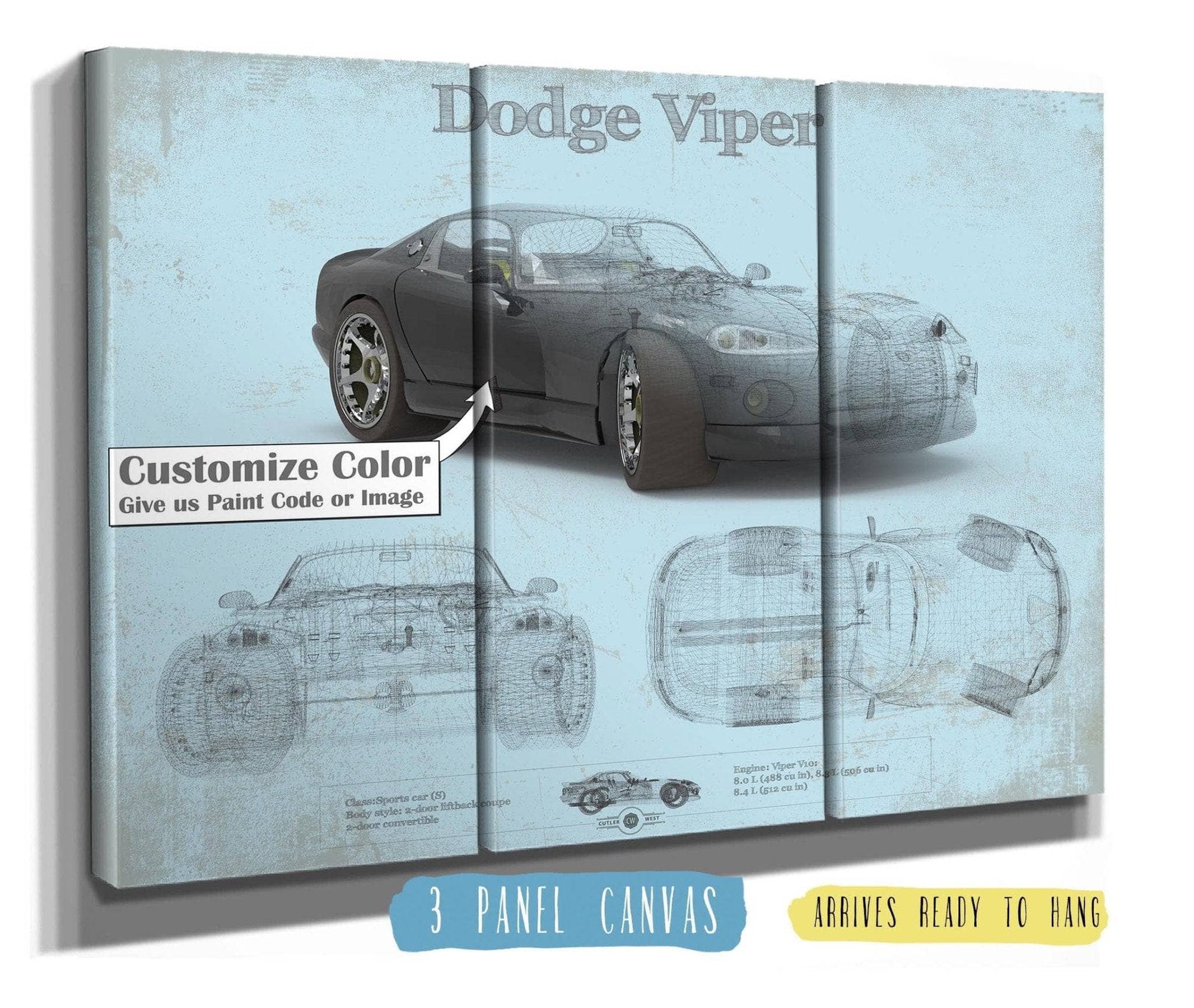 Cutler West Dodge Collection 48" x 32" / 3 Panel Canvas Wrap Dodge Viper Vintage Blueprint Auto Print 845000129_58489