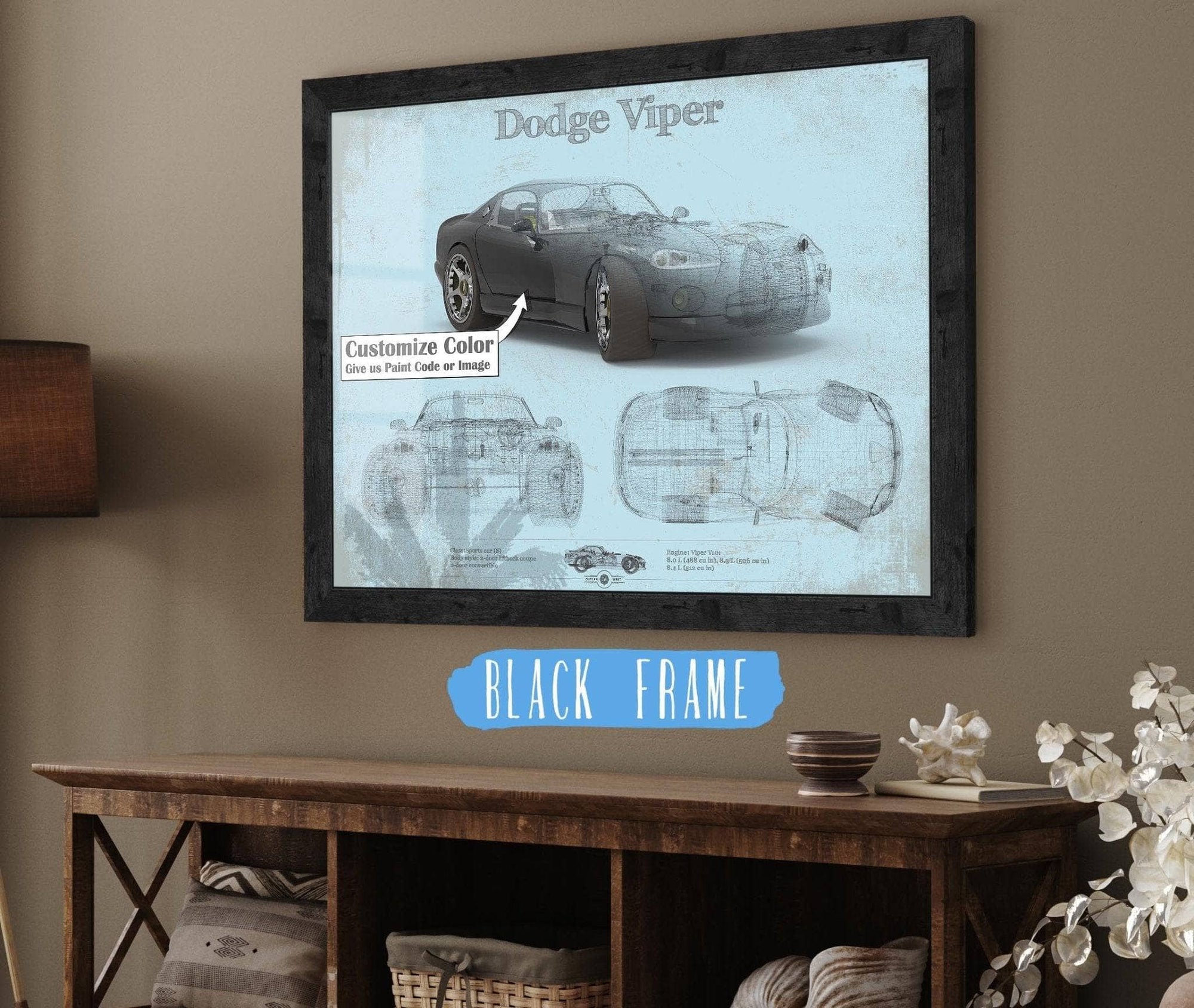 Cutler West Dodge Collection 14" x 11" / Black Frame Dodge Viper Vintage Blueprint Auto Print 845000129_58440