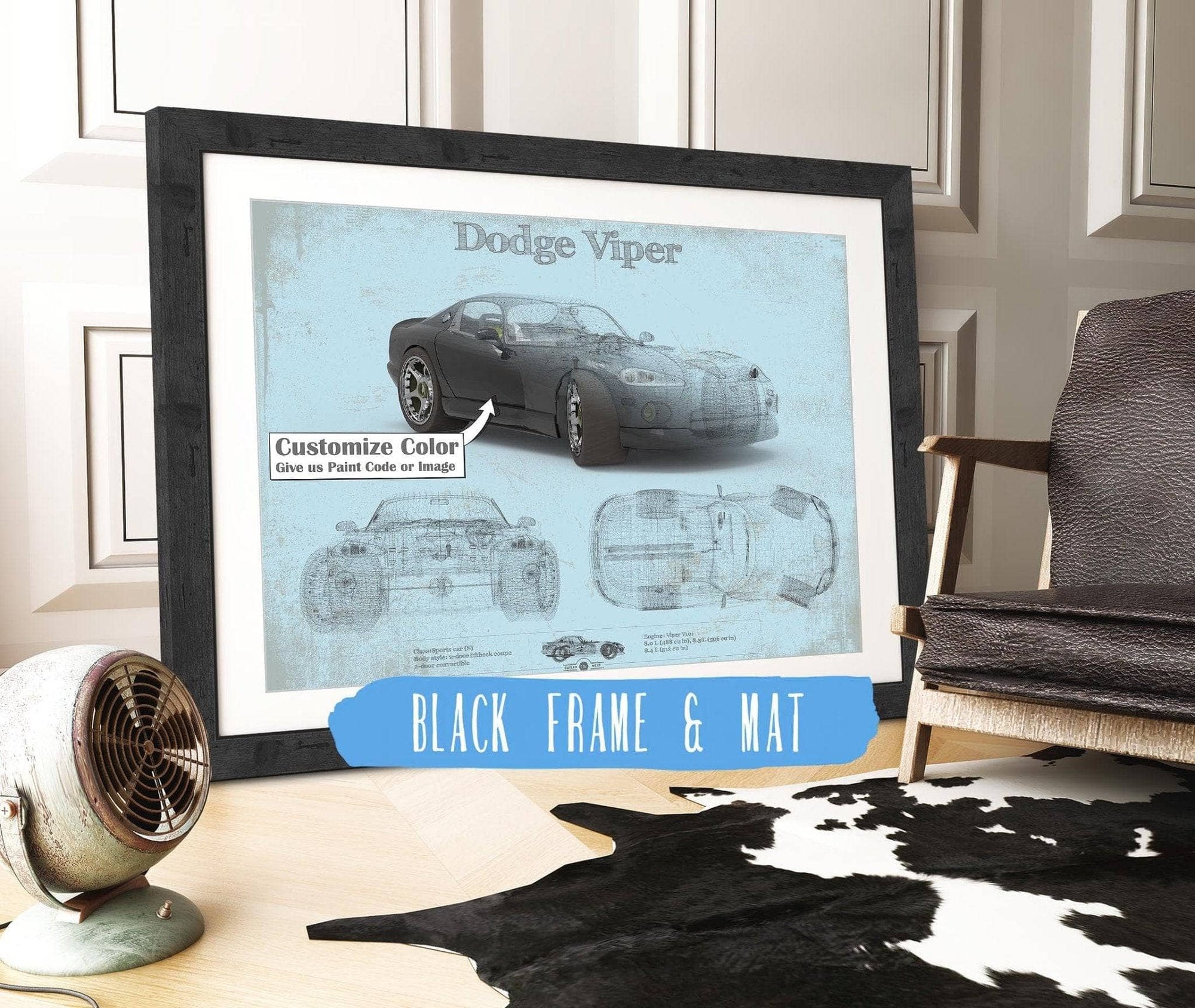 Cutler West Dodge Collection 14" x 11" / Black Frame & Mat Dodge Viper Vintage Blueprint Auto Print 845000129_58441