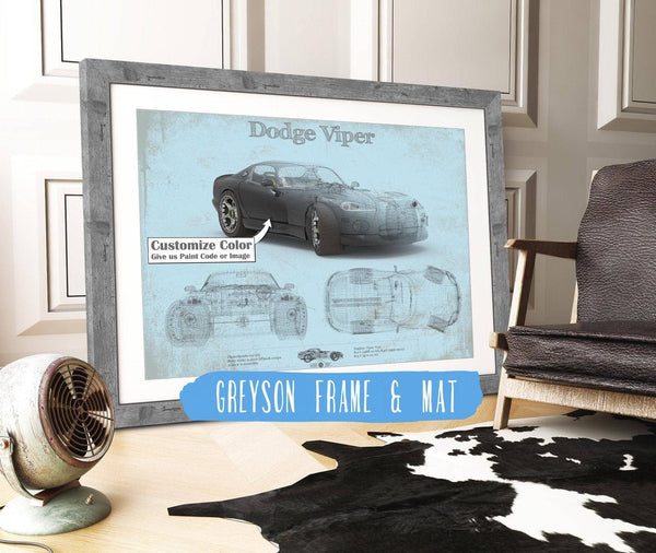 14" x 11" / Greyson Frame & Mat Cutler West Dodge Viper Vintage Blueprint Auto Print