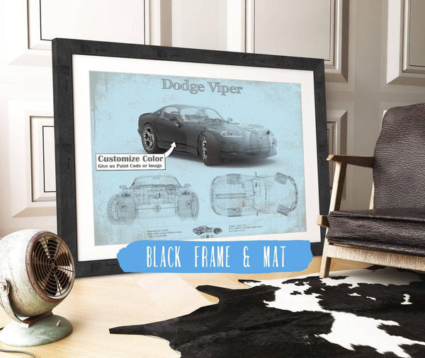 20" x 16" / Black Frame & Mat Cutler West Dodge Viper Vintage Blueprint Auto Print