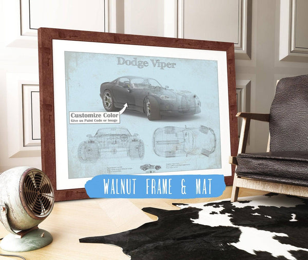 20" x 16" / Walnut Frame & Mat Cutler West Dodge Viper Vintage Blueprint Auto Print