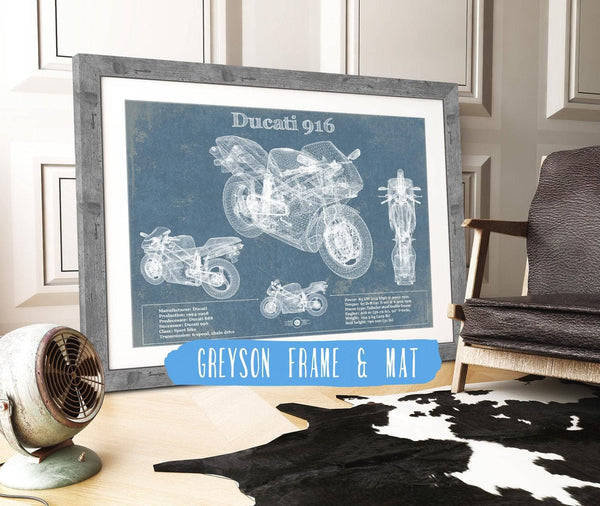 14" x 11" / Greyson Frame & Mat Cutler West Ducati 916 Blueprint Motorcycle Patent Print