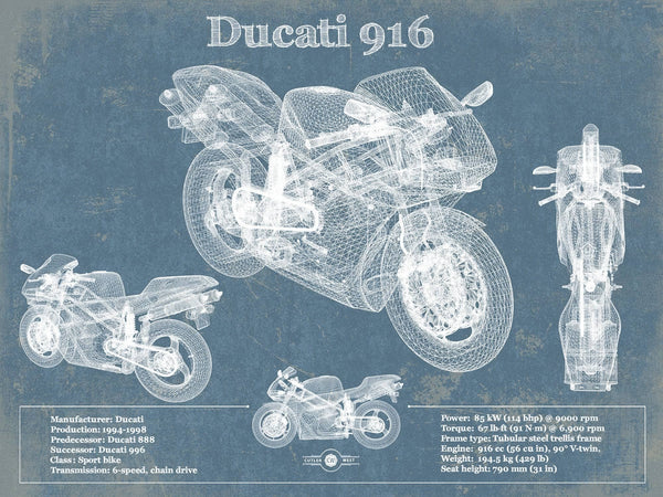 14" x 11" / Unframed Cutler West Ducati 916 Blueprint Motorcycle Patent Print
