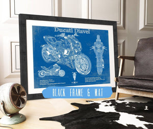 20" x 16" / Black Frame & Mat Cutler West Ducati Diavel Blueprint Motorcycle Patent Print