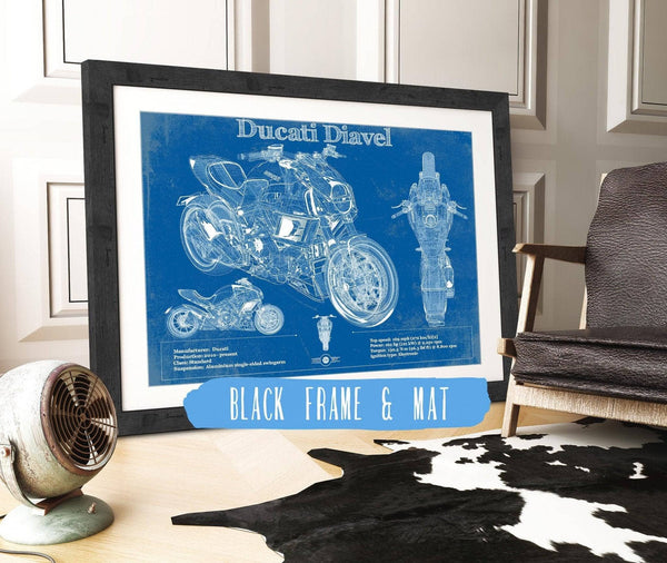 20" x 16" / Black Frame & Mat Cutler West Ducati Diavel Blueprint Motorcycle Patent Print