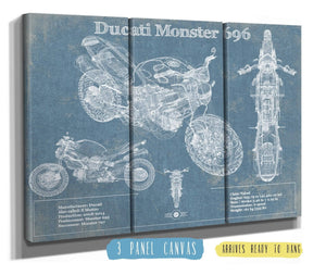 36" x 24" / 3 Panel Canvas Wrap Cutler West Ducati Monster 696 Blueprint Motorcycle Patent Print