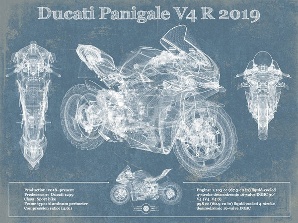 14" x 11" / Unframed Cutler West Ducati Panigale V4 R 2019 Vintage Blueprint Motorcycle Patent Print