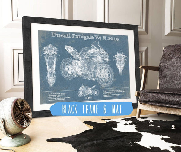 20" x 16" / Black Frame & Mat Cutler West Ducati Panigale V4 R 2019 Vintage Blueprint Motorcycle Patent Print