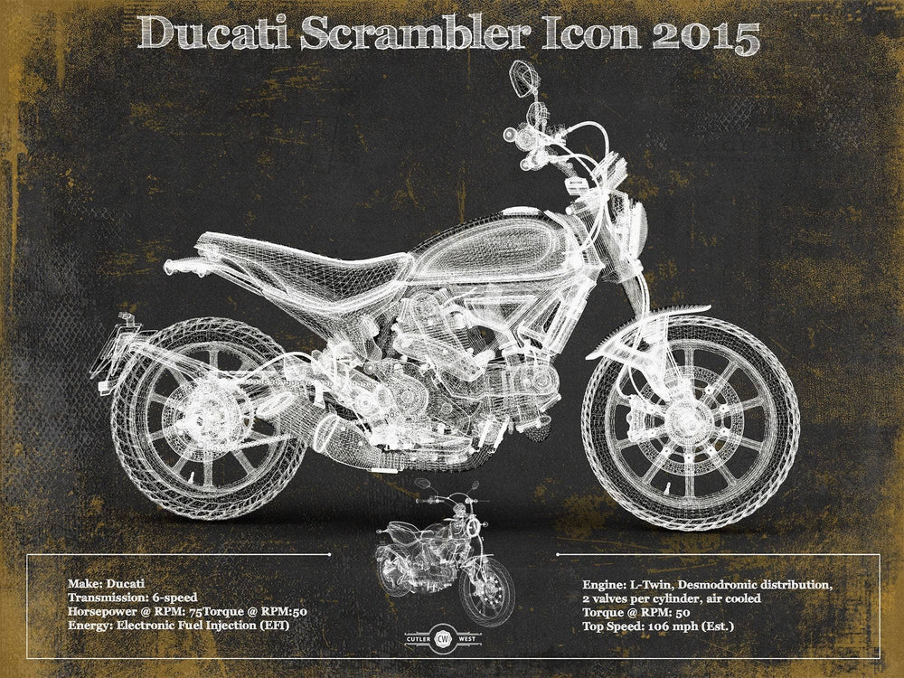 14" x 11" / Stretched Canvas Wrap Cutler West Ducati Scrambler Icon 2015 Vintage Blueprint Motorcycle Patent Print