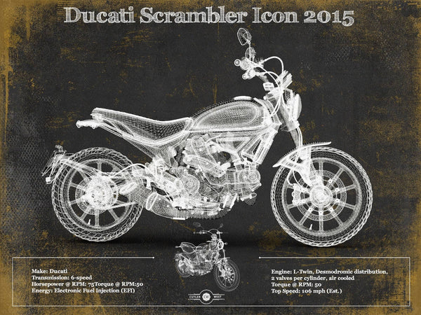 14" x 11" / Unframed Cutler West Ducati Scrambler Icon 2015 Vintage Blueprint Motorcycle Patent Print