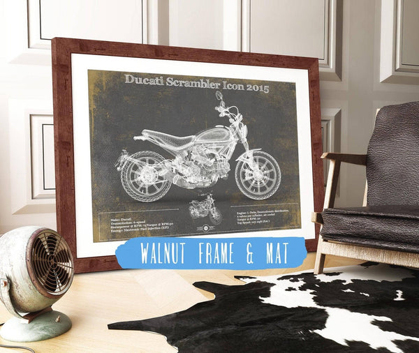 20" x 16" / Walnut Frame & Mat Cutler West Ducati Scrambler Icon 2015 Vintage Blueprint Motorcycle Patent Print