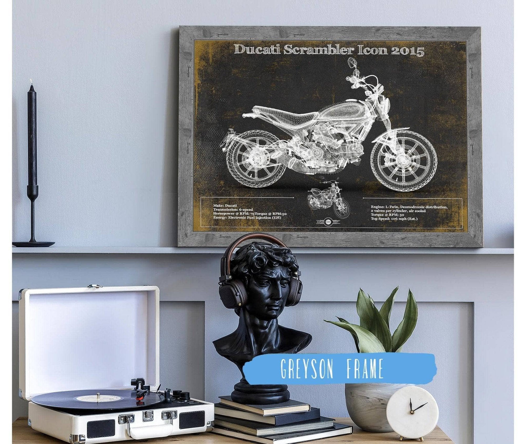 Cutler West Best Selling Collection 14" x 11" / Greyson Frame Ducati Scrambler Icon 2015 Vintage Blueprint Motorcycle Patent Print 845000226_61218