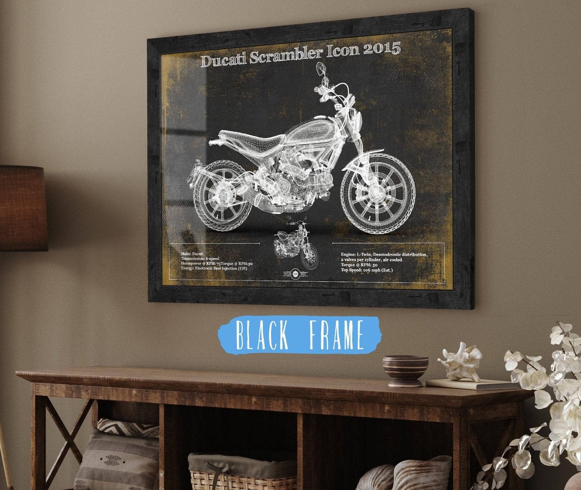 Cutler West Best Selling Collection 14" x 11" / Black Frame Ducati Scrambler Icon 2015 Vintage Blueprint Motorcycle Patent Print 845000226_61212