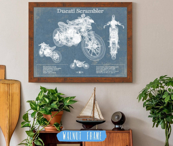 20" x 16" / Walnut Frame Cutler West Ducati Scrambler Vintage Blueprint Motorcycle Patent Print