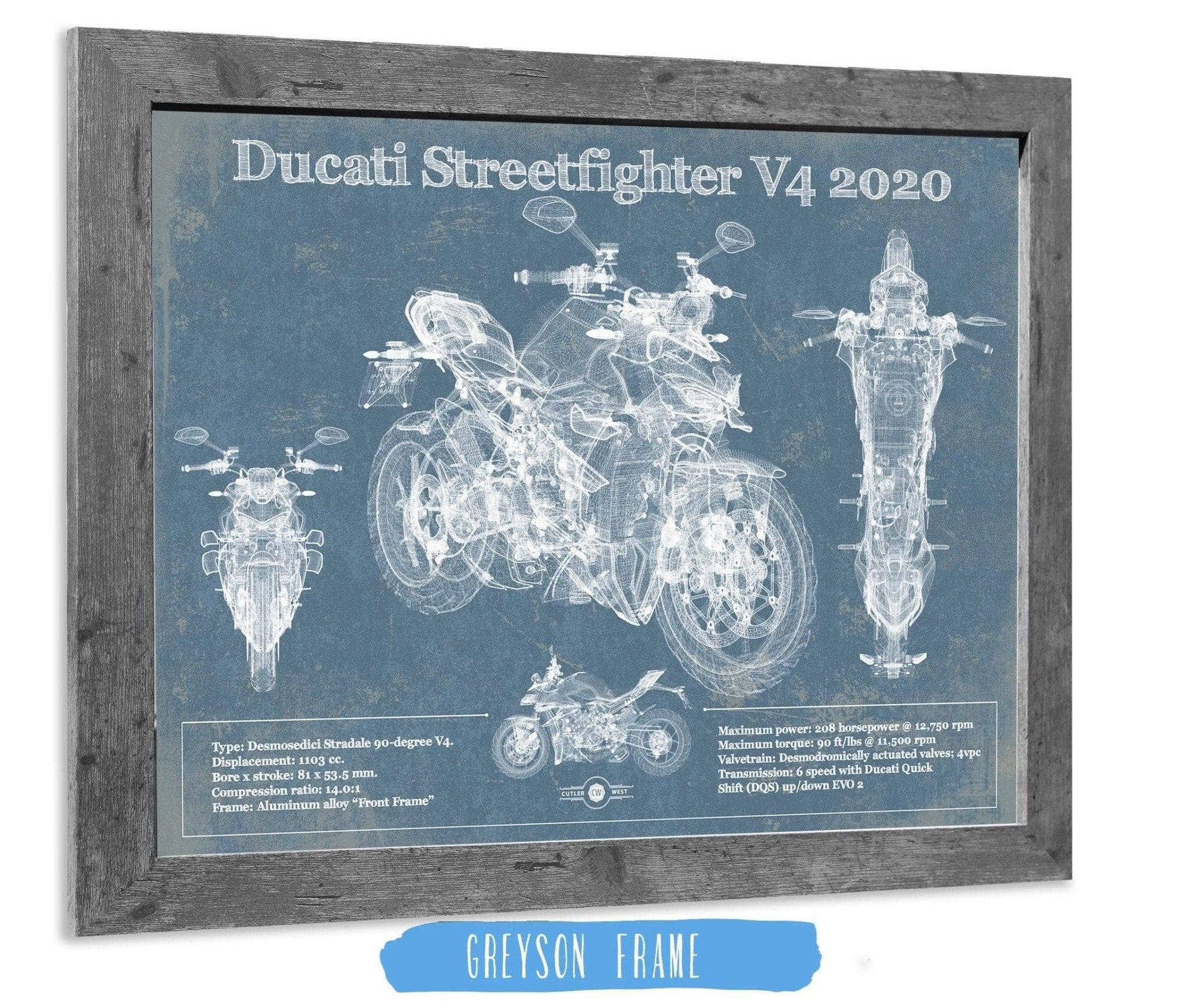 Cutler West 14" x 11" / Greyson Frame & Mat Ducati Streetfighter V4 2020 Blueprint Motorcycle Patent Print 845000240_61153