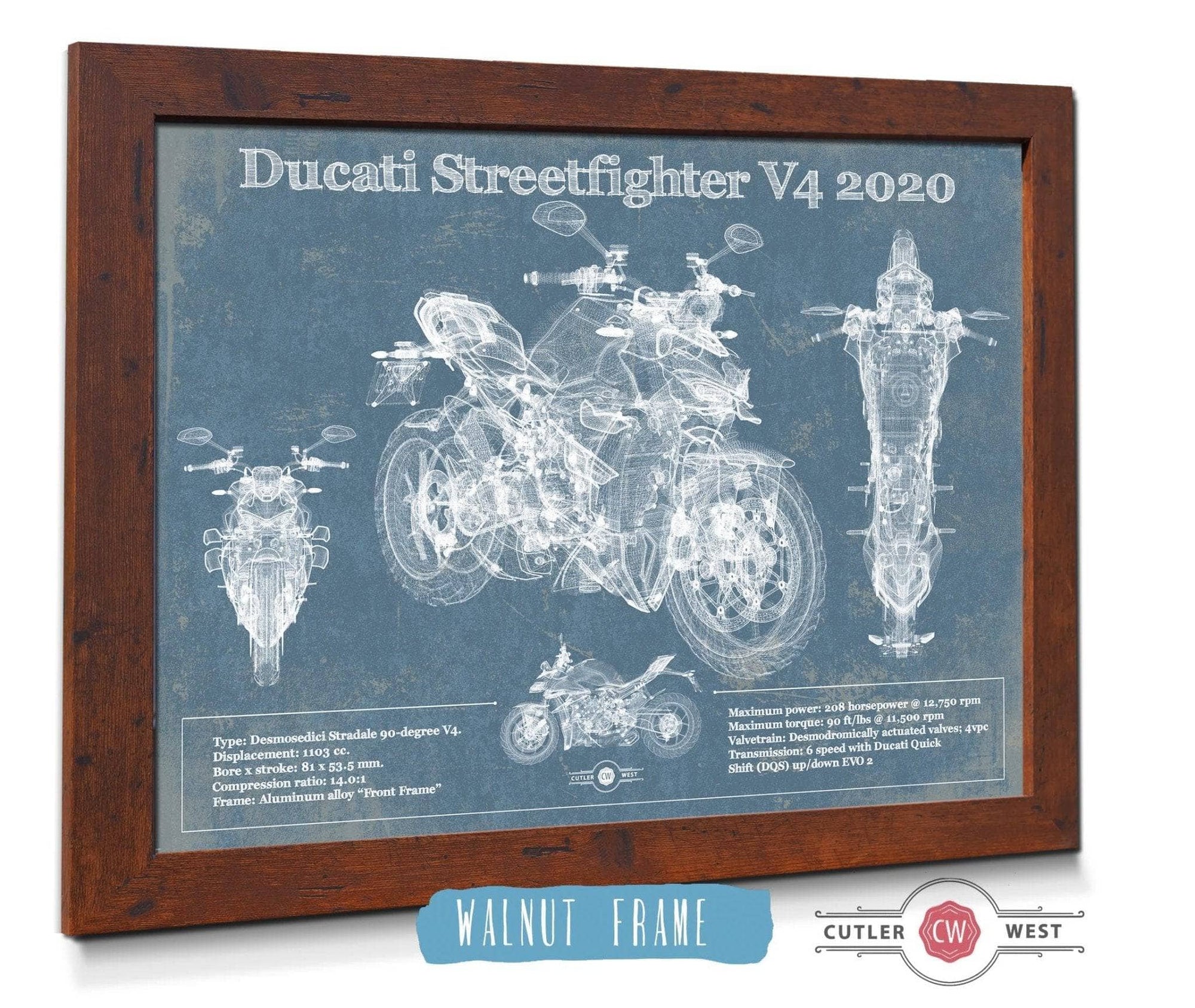 Cutler West 14" x 11" / Walnut Frame Ducati Streetfighter V4 2020 Blueprint Motorcycle Patent Print 845000240_61148