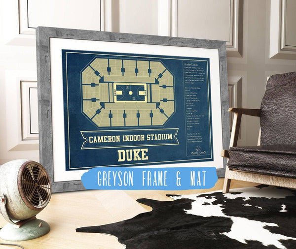 14" x 11" / Greyson Frame & Mat Cutler West Duke Blue Devils - Cameron Indoor Stadium Seating Chart - College Basketball Blueprint Art