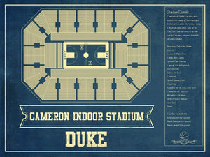 14" x 11" / Unframed Cutler West Duke Blue Devils - Cameron Indoor Stadium Seating Chart - College Basketball Blueprint Art