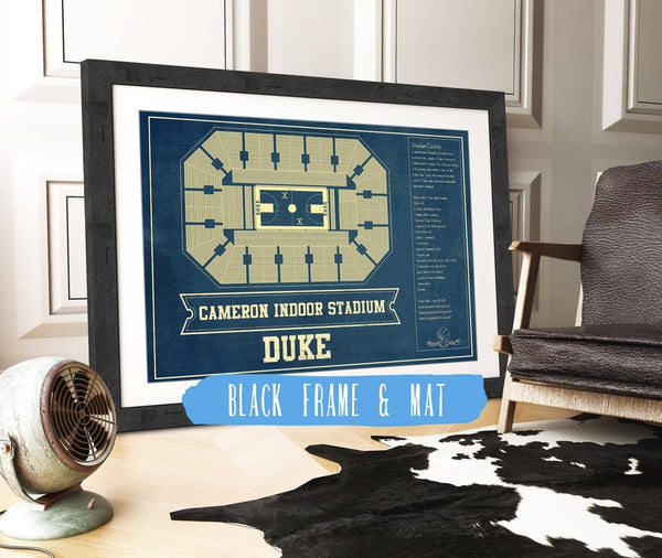20" x 16" / Black Frame & Mat Cutler West Duke Blue Devils - Cameron Indoor Stadium Seating Chart - College Basketball Blueprint Art