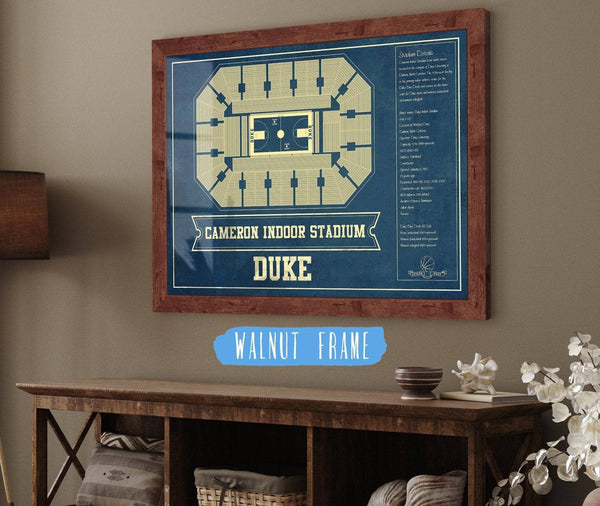 20" x 16" / Walnut Frame Cutler West Duke Blue Devils - Cameron Indoor Stadium Seating Chart - College Basketball Blueprint Art