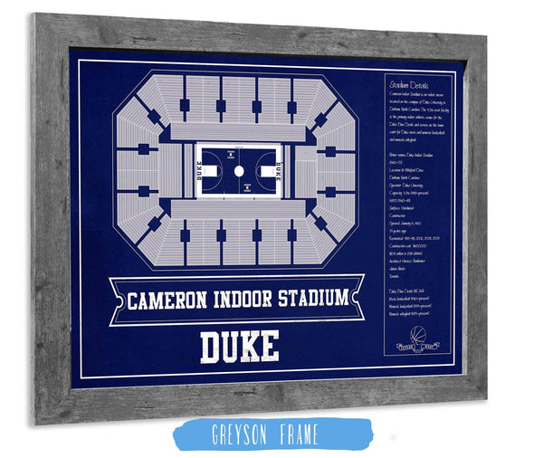 14" x 11" / Greyson Frame Cutler West Duke Blue Devils - Cameron Indoor Stadium Seating Chart Team Color - College Basketball Blueprint Art