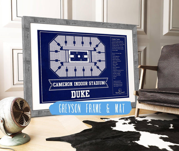 14" x 11" / Greyson Frame & Mat Cutler West Duke Blue Devils - Cameron Indoor Stadium Seating Chart Team Color - College Basketball Blueprint Art