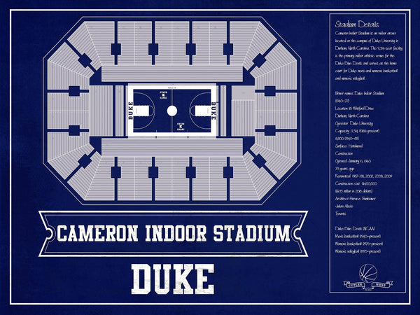 14" x 11" / Unframed Cutler West Duke Blue Devils - Cameron Indoor Stadium Seating Chart Team Color - College Basketball Blueprint Art