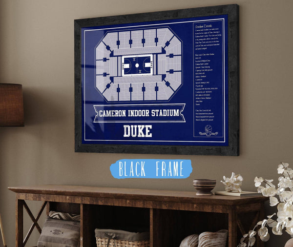 20" x 16" / Black Frame Cutler West Duke Blue Devils - Cameron Indoor Stadium Seating Chart Team Color - College Basketball Blueprint Art