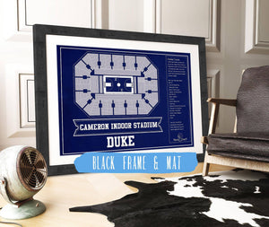 20" x 16" / Black Frame & Mat Cutler West Duke Blue Devils - Cameron Indoor Stadium Seating Chart Team Color - College Basketball Blueprint Art