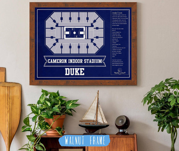 20" x 16" / Walnut Frame Cutler West Duke Blue Devils - Cameron Indoor Stadium Seating Chart Team Color - College Basketball Blueprint Art