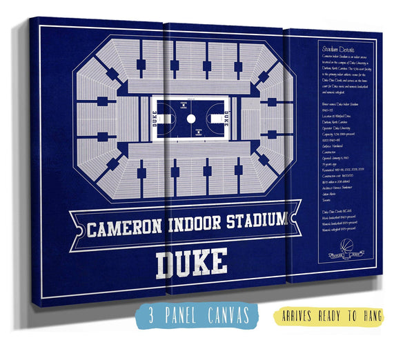 48" x 36" / 3 Panel Canvas Wrap Cutler West Duke Blue Devils - Cameron Indoor Stadium Seating Chart Team Color - College Basketball Blueprint Art