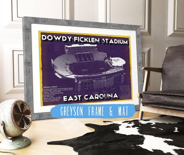 14" x 11" / Greyson Frame & Mat Cutler West East Carolina Pirates - Dowdy–Ficklen Stadium Vintage Blueprint Wall Art