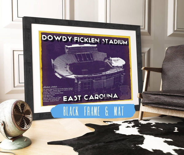 20" x 16" / Black Frame & Mat Cutler West East Carolina Pirates - Dowdy–Ficklen Stadium Vintage Blueprint Wall Art
