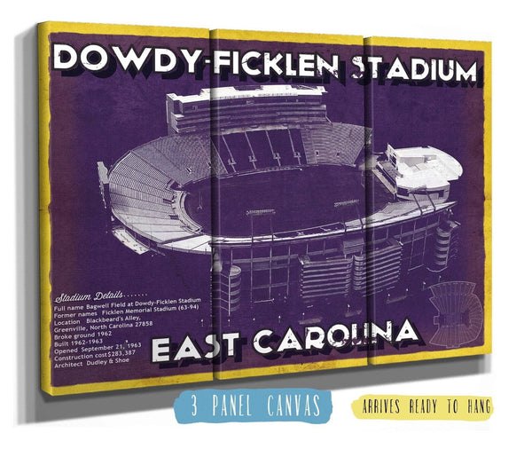 36" x 24" / 3 Panel Canvas Wrap Cutler West East Carolina Pirates - Dowdy–Ficklen Stadium Vintage Blueprint Wall Art