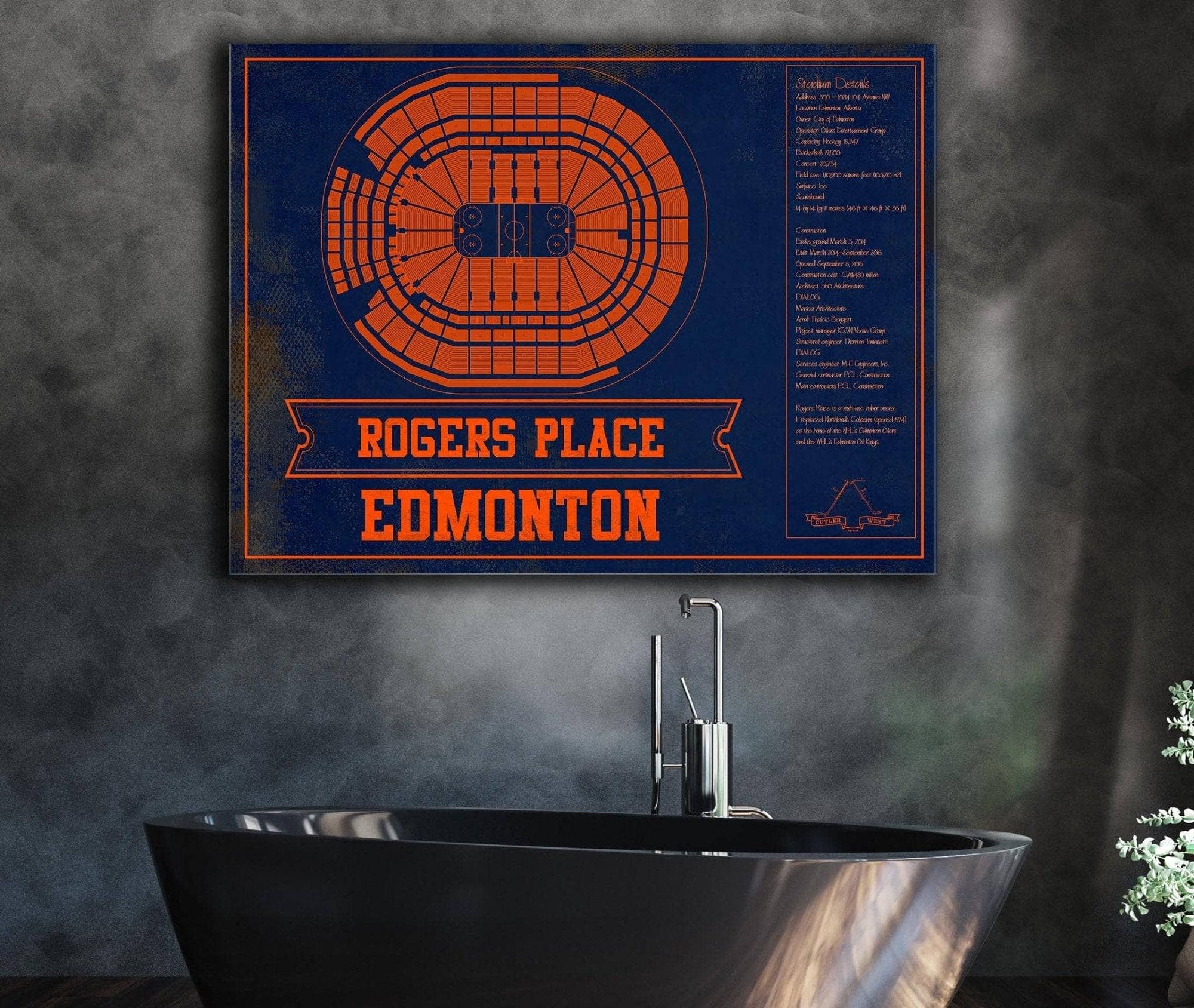 Cutler West Edmonton Oilers Team Colors - Rogers Place Vintage Hockey Blueprint NHL Print
