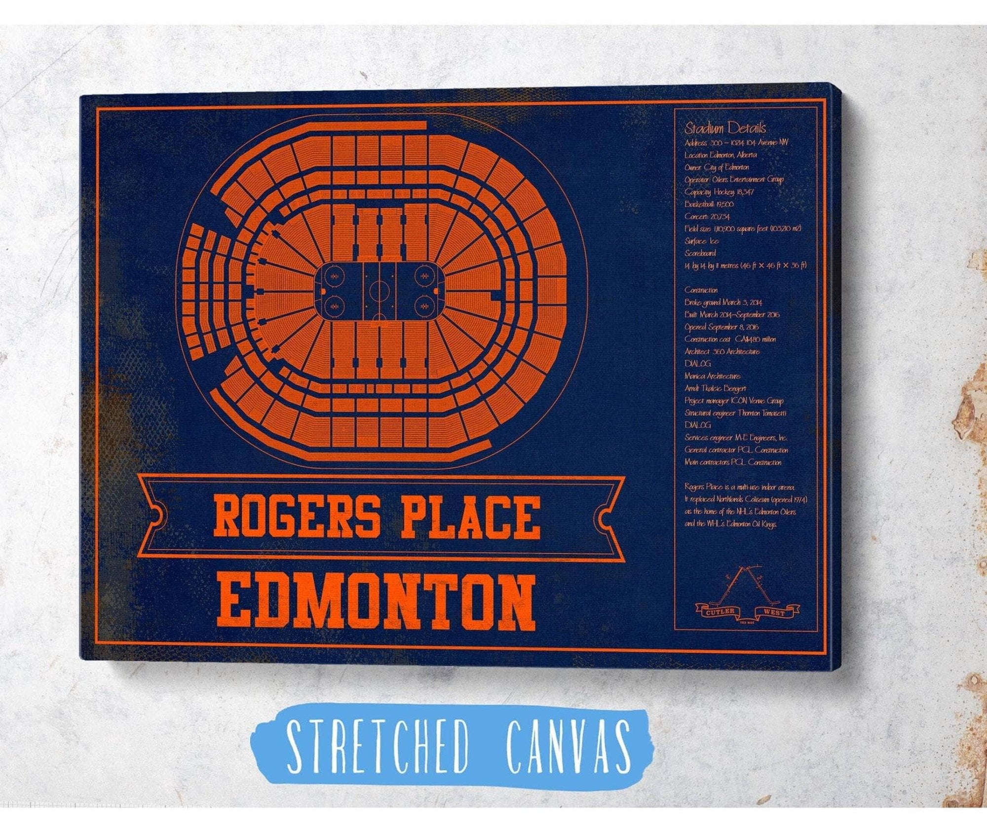 Cutler West Edmonton Oilers Team Colors - Rogers Place Vintage Hockey Blueprint NHL Print