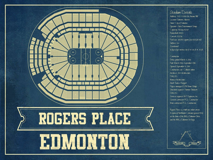 Cutler West 14" x 11" / Unframed Edmonton Oilers - Rogers Place Vintage Hockey Blueprint NHL Print 933350195_79599