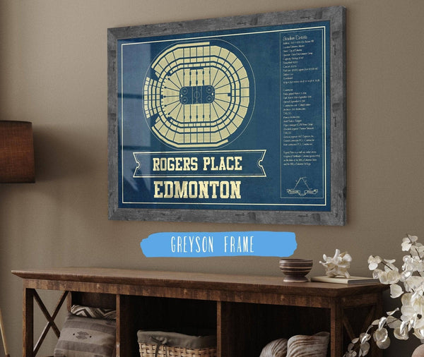20" x 16" / Walnut Frame Cutler West Edmonton Oilers - Rogers Place Vintage Hockey Blueprint NHL Print