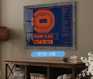 14" x 11" / Greyson Frame Cutler West Edmonton Oilers Team Colors - Rogers Place Vintage Hockey Blueprint NHL Print