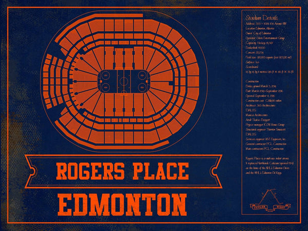 14" x 11" / Unframed Cutler West Edmonton Oilers Team Colors - Rogers Place Vintage Hockey Blueprint NHL Print
