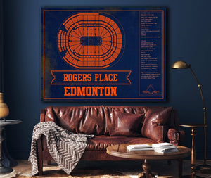 20" x 16" / Black Frame Cutler West Edmonton Oilers Team Colors - Rogers Place Vintage Hockey Blueprint NHL Print